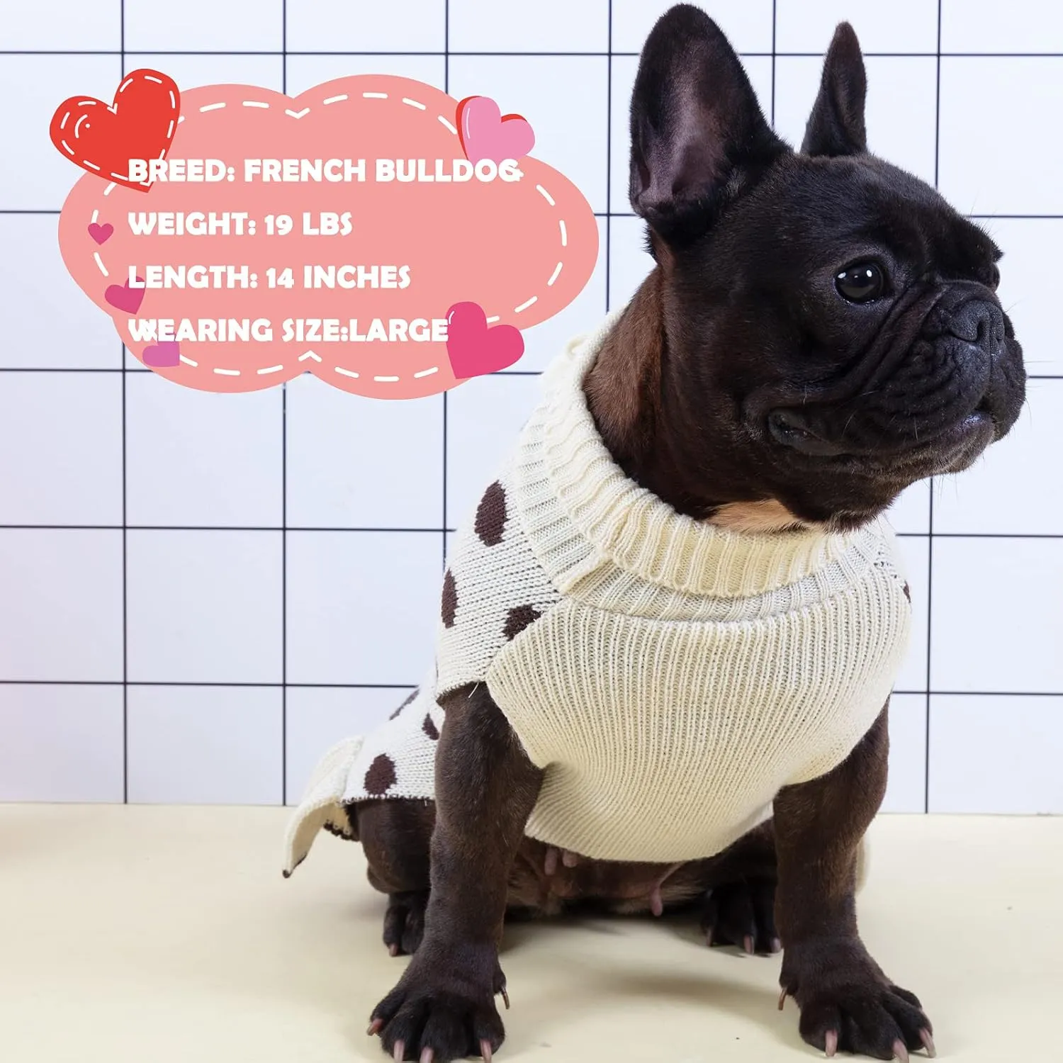 KYEESE Dog Sweaters with Leash Hole Small Turtleneck Dogs Sweater Dress Beige Polka Dot Knit Warm for Girl Dog Clothes with Pom Pom Ball