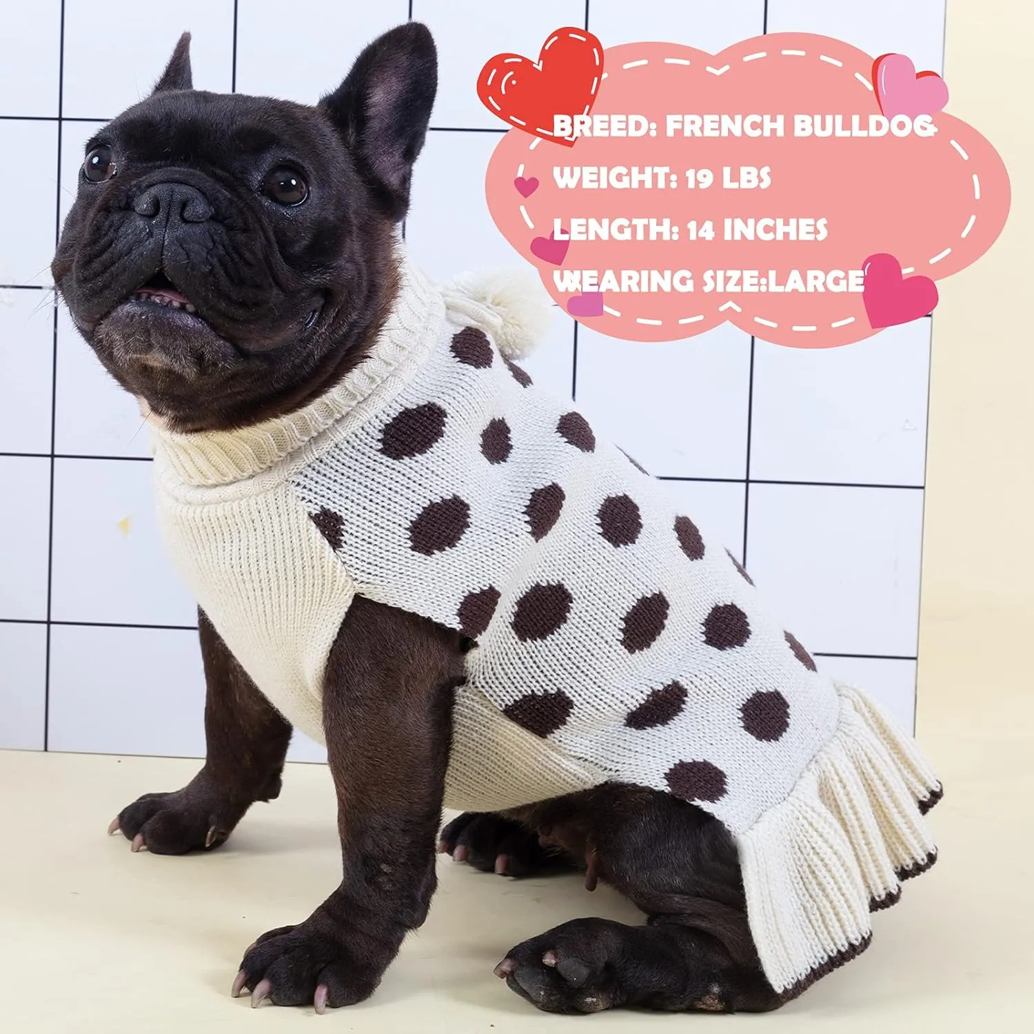 KYEESE Dog Sweaters with Leash Hole Small Turtleneck Dogs Sweater Dress Beige Polka Dot Knit Warm for Girl Dog Clothes with Pom Pom Ball