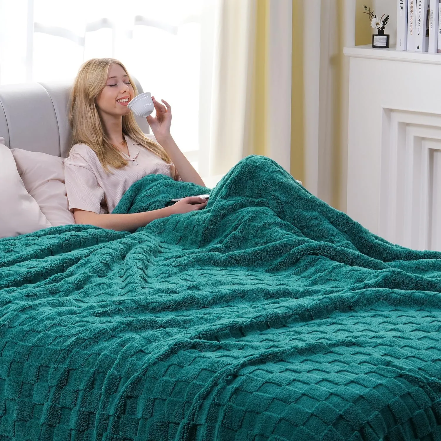 Lessymo Fleece Blanket with Checkerboard Grid Pattern, Soft Sherpa Couch Blanket, Luxurious Warm and Cozy Twin Size, Teal, 60x80 inches