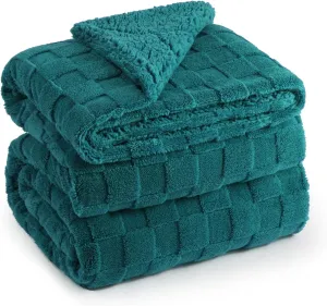 Lessymo Fleece Blanket with Checkerboard Grid Pattern, Soft Sherpa Couch Blanket, Luxurious Warm and Cozy Twin Size, Teal, 60x80 inches
