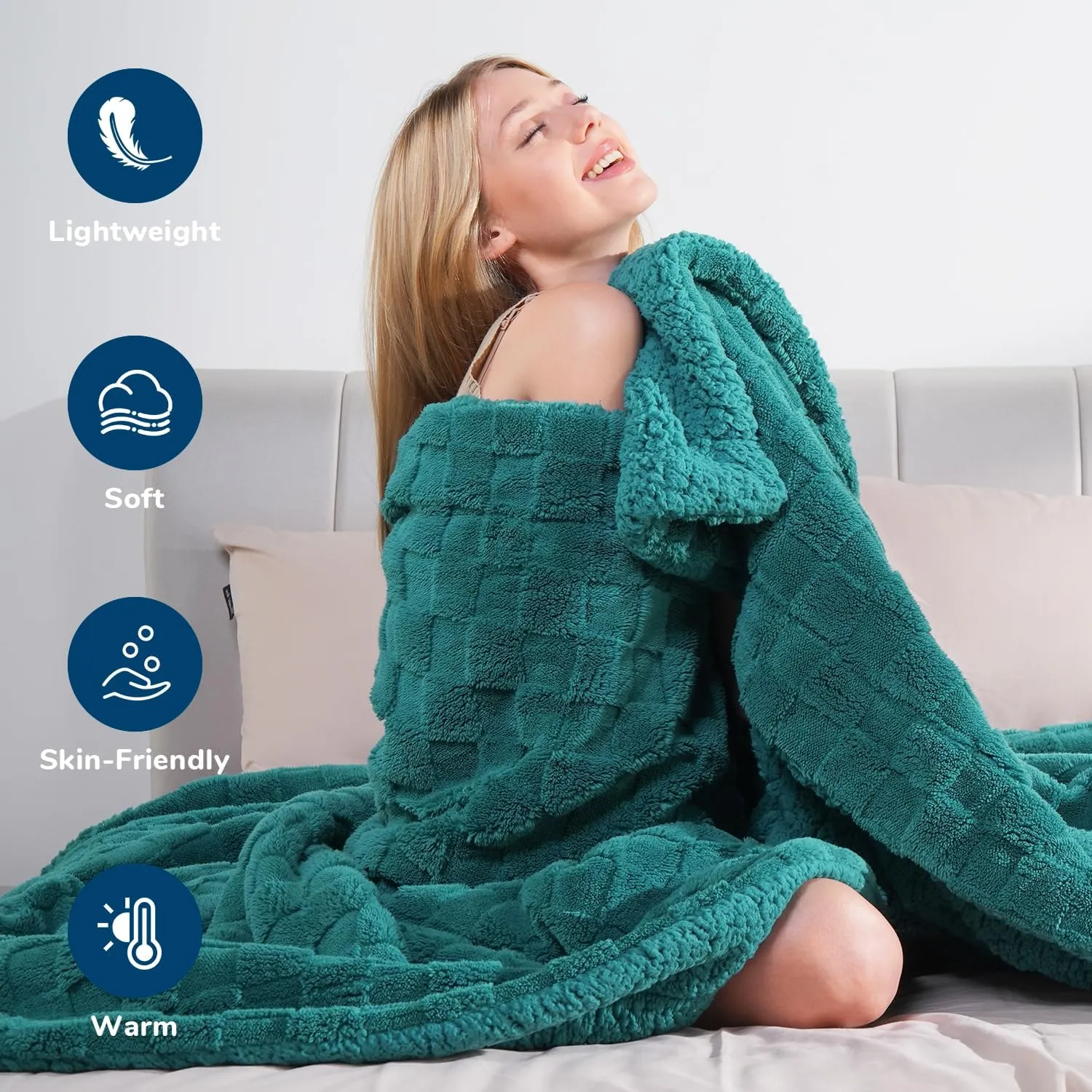 Lessymo Fleece Blanket with Checkerboard Grid Pattern, Soft Sherpa Couch Blanket, Luxurious Warm and Cozy Twin Size, Teal, 60x80 inches