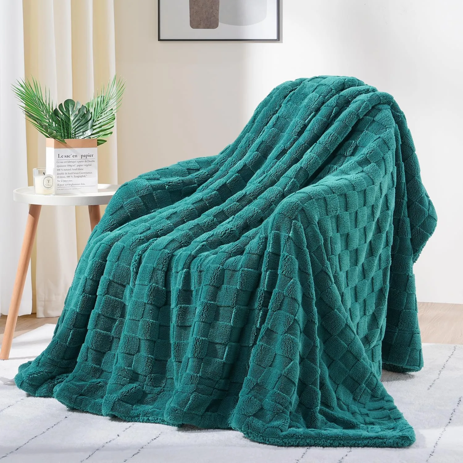 Lessymo Fleece Blanket with Checkerboard Grid Pattern, Soft Sherpa Couch Blanket, Luxurious Warm and Cozy Twin Size, Teal, 60x80 inches