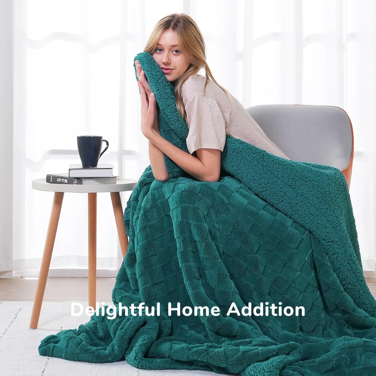 Lessymo Fleece Blanket with Checkerboard Grid Pattern, Soft Sherpa Couch Blanket, Luxurious Warm and Cozy Twin Size, Teal, 60x80 inches