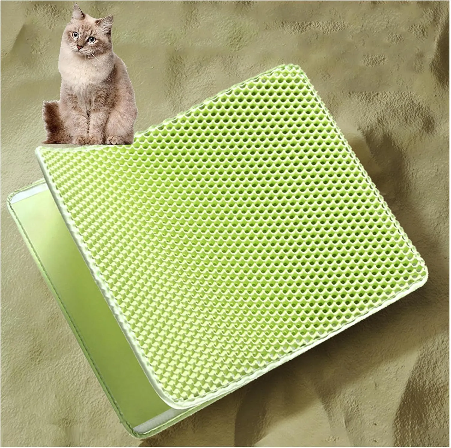 Litter Box Mat, Honeycomb Double Layer Easy Clean Cat Liter Mat Less Waste,Soft On Paws,Non-Slip, Cat Litter Trap Mats,Green-M