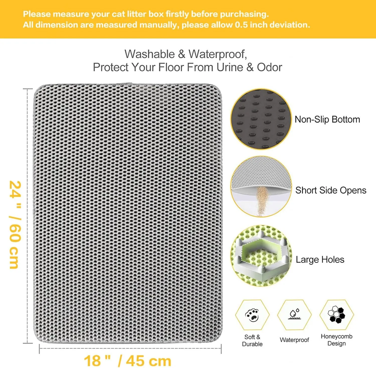 Litter Box Mat, Honeycomb Double Layer Easy Clean Cat Liter Mat Less Waste,Soft On Paws,Non-Slip, Cat Litter Trap Mats,Green-M