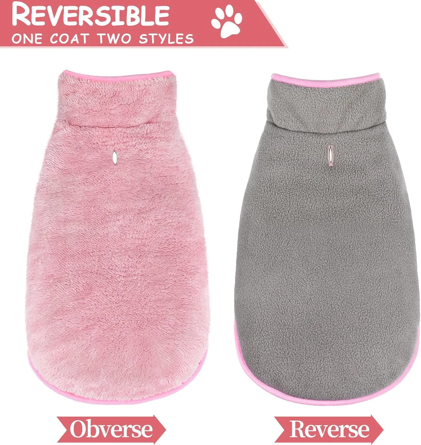 Malier Reversible Fleece Dog Coat, Windproof & Warm, Perfect for Cold Weather & Snow, Available in Pink for Small to Large Dogs
