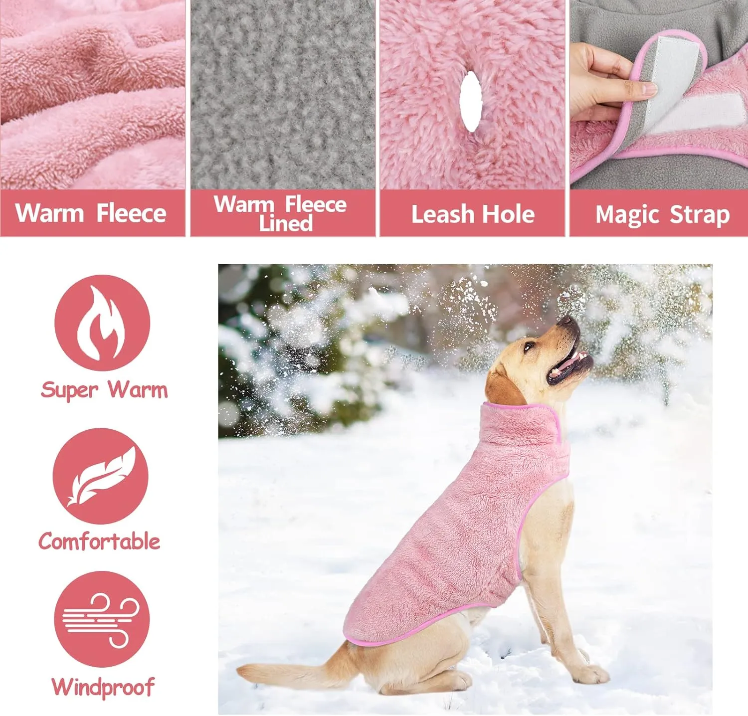 Malier Reversible Fleece Dog Coat, Windproof & Warm, Perfect for Cold Weather & Snow, Available in Pink for Small to Large Dogs