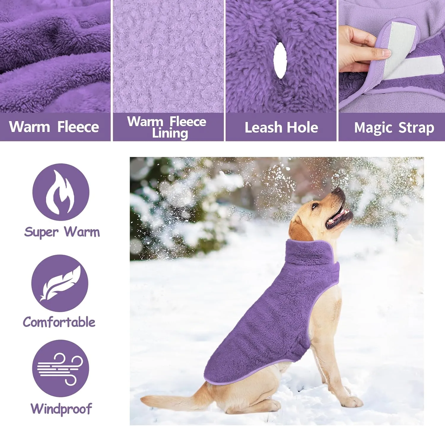 Malier Reversible Fleece Dog Coat, Windproof & Warm, Perfect for Cold Weather & Snow, Available in Purple for Small to Large Dogs