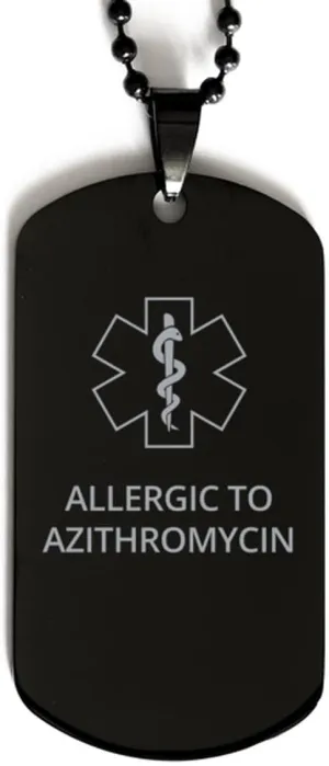 Medical Alert Black Dog Tag, Allergic to Azithromycin Awareness, SOS Emergency Health Life Alert ID Engraved Stainless Steel Chain Necklace for Men Women