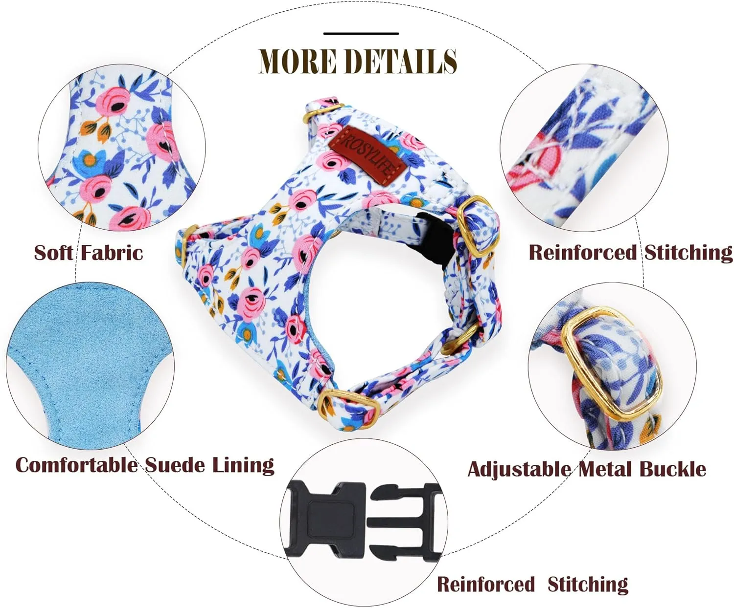 No Pull Dog Harness Adjustable Small Harness and Leash Set, Lightweight and Soft Dog Harness No Choke Escape Proof Pet Harness Vest (Blue Rose, S)
