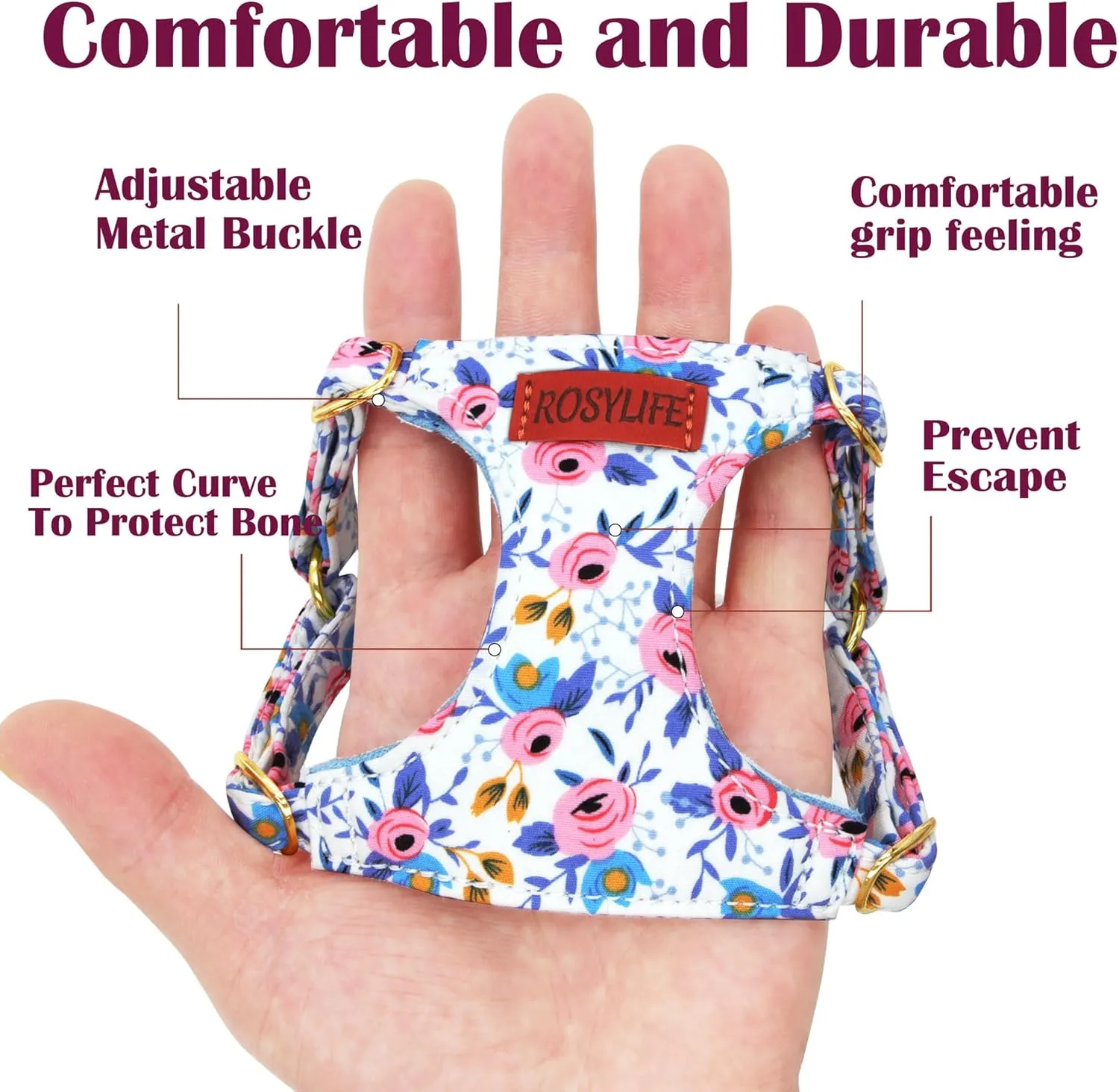 No Pull Dog Harness Adjustable Small Harness and Leash Set, Lightweight and Soft Dog Harness No Choke Escape Proof Pet Harness Vest (Blue Rose, S)