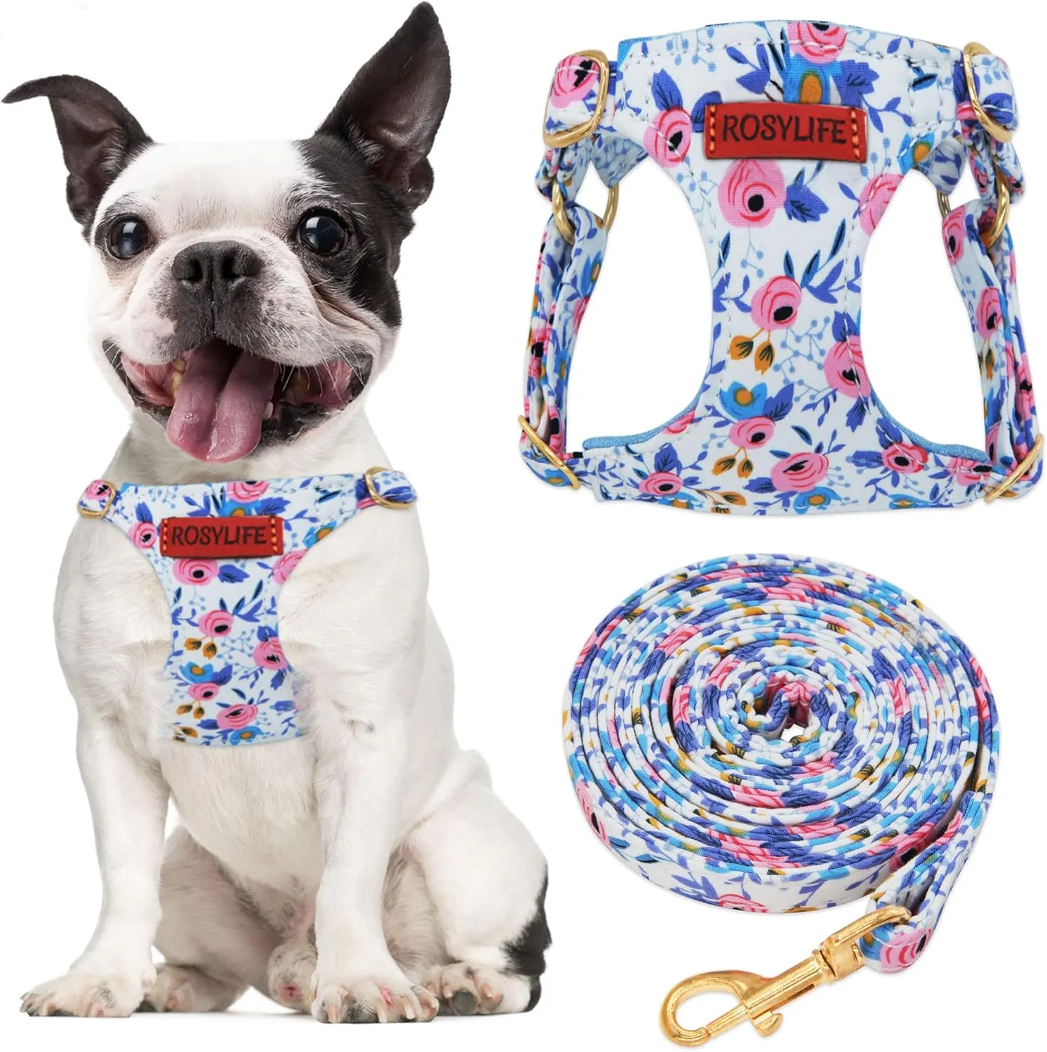 No Pull Dog Harness Adjustable Small Harness and Leash Set, Lightweight and Soft Dog Harness No Choke Escape Proof Pet Harness Vest (Blue Rose, S)