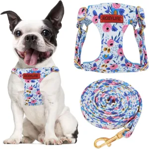 No Pull Dog Harness Adjustable Small Harness and Leash Set, Lightweight and Soft Dog Harness No Choke Escape Proof Pet Harness Vest (Blue Rose, S)
