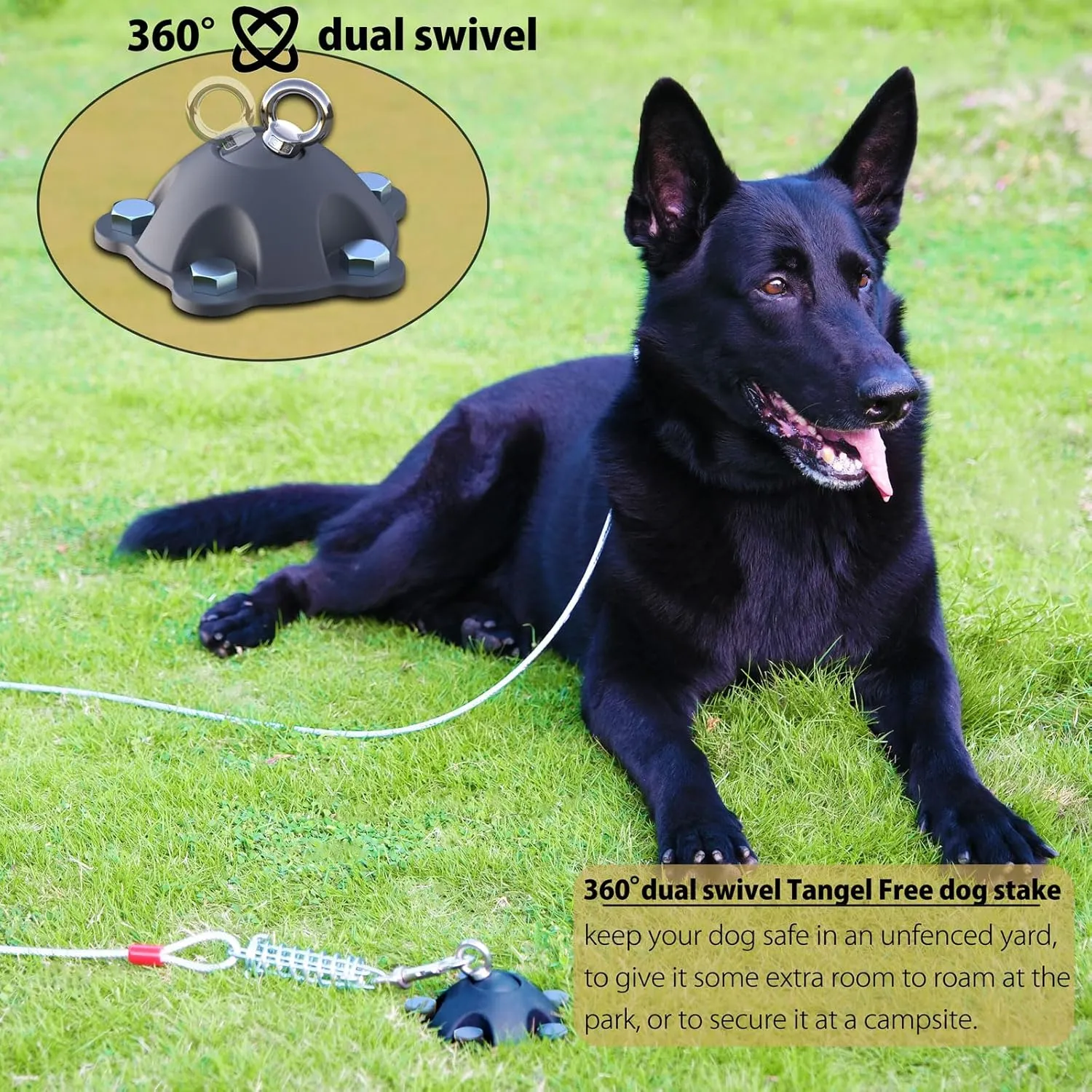 Patented 360 Swivel Dog Tie Out Stake Dog Anchor for Small to Large Dogs Up to 150lbs - Dog Yard Leash Stake with 5 Strong Tether Holds 1000lbs of Pull Force (Stake with 10 Cable)