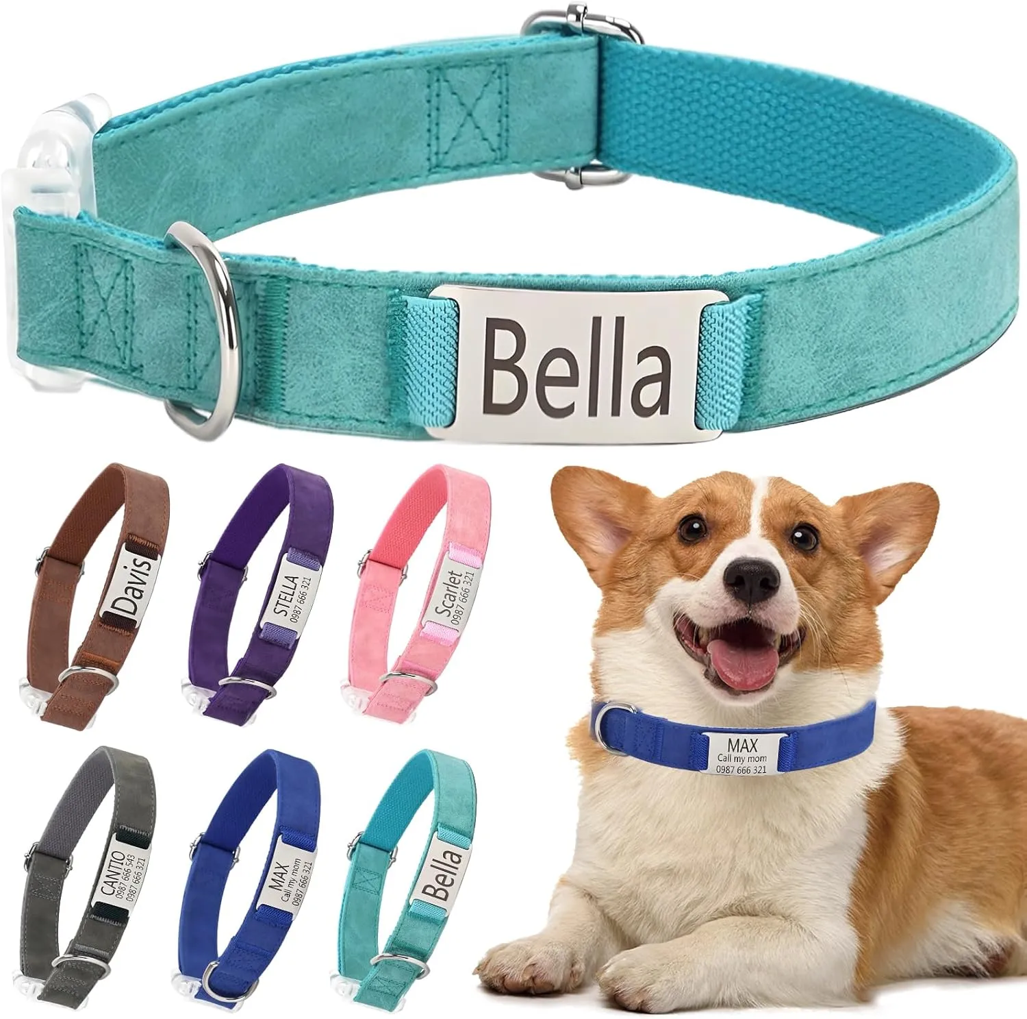 Personalized Dog Collars with Name Tag, Custom Dog Collar Engraved Slide On Pet ID Tag | Adjustable Pet Collars with Silent Metal Plate for Large/Medium/Small Dogs