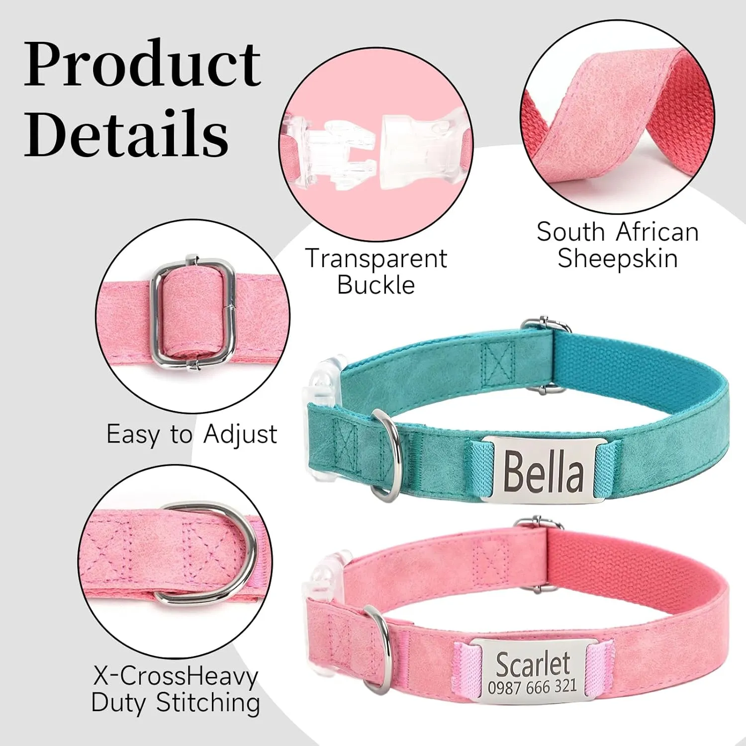 Personalized Dog Collars with Name Tag, Custom Dog Collar Engraved Slide On Pet ID Tag | Adjustable Pet Collars with Silent Metal Plate for Large/Medium/Small Dogs
