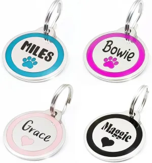 Personalized Pet ID Tags with Heart and Paw Print Design, Round Stainless Steel Cat and Dog Tags, Custom Name Tags