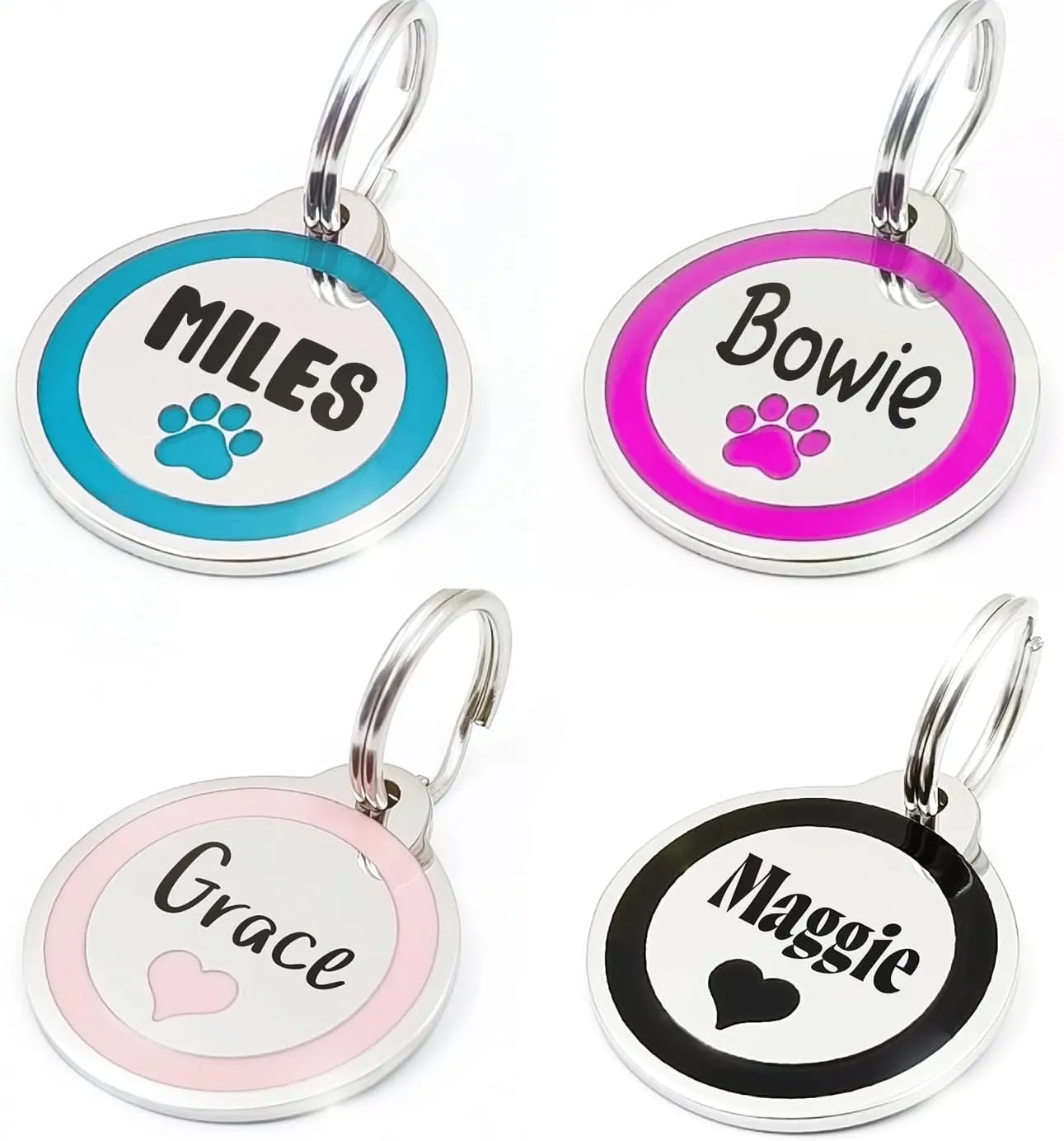 Personalized Pet ID Tags with Heart and Paw Print Design, Round Stainless Steel Cat and Dog Tags, Custom Name Tags