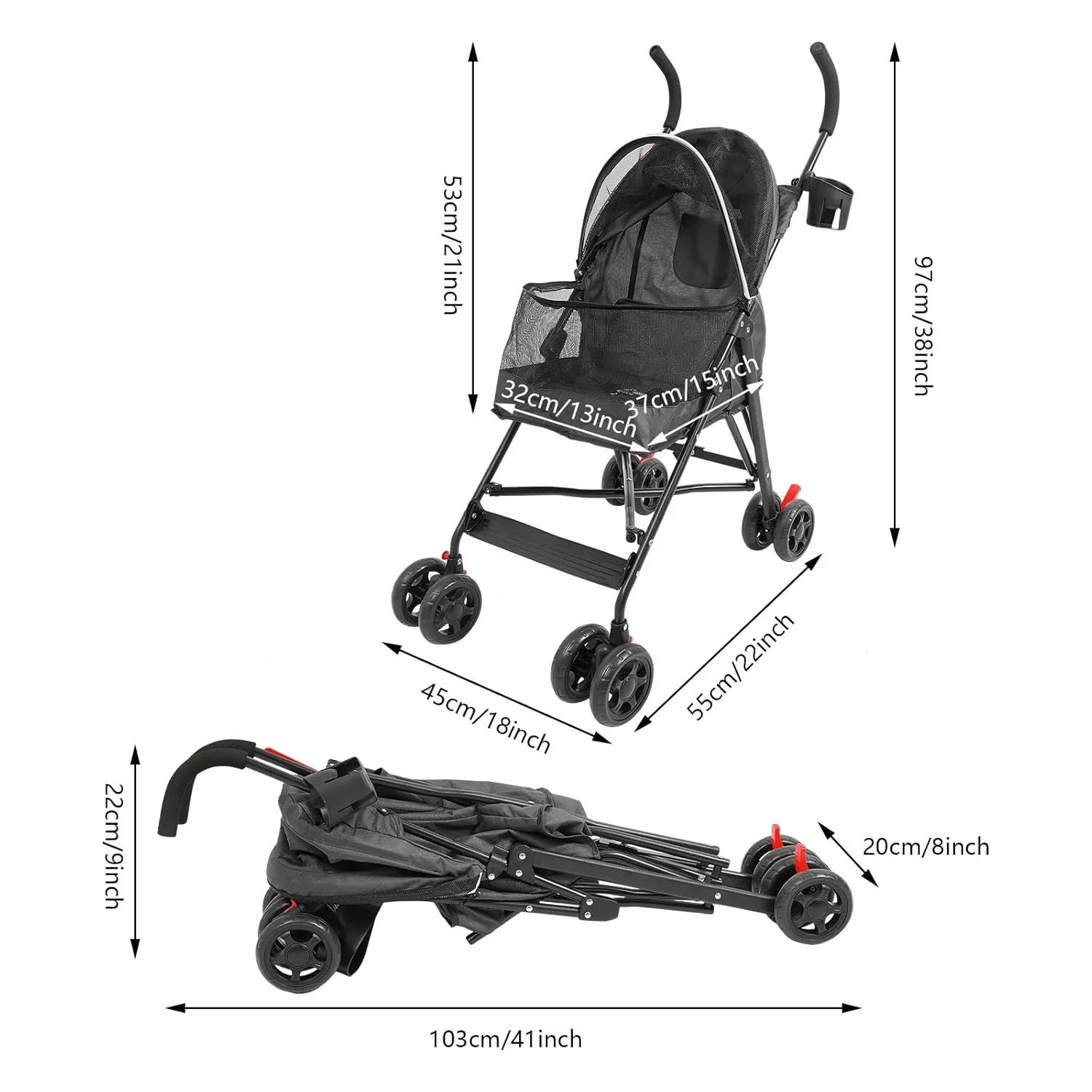 Pet Travel Stroller, Pet Stroller with 4 Wheels, Foldable Pet Travel Carrier, Large Wheels for Small & Medium-Sized Dogs Cats Up to 22 lbs, with Cup Holder & Rear Pocket, Easy Fold (Black)
