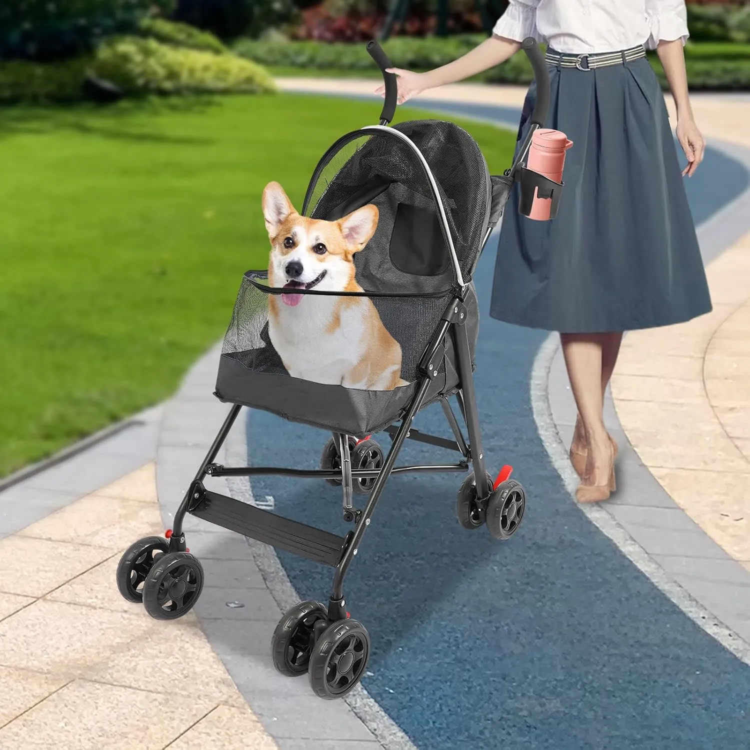 Pet Travel Stroller, Pet Stroller with 4 Wheels, Foldable Pet Travel Carrier, Large Wheels for Small & Medium-Sized Dogs Cats Up to 22 lbs, with Cup Holder & Rear Pocket, Easy Fold (Black)