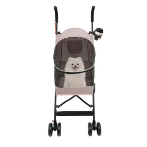 Pet Travel Stroller, Pet Stroller with 4 Wheels, Foldable Pet Travel Carrier, Large Wheels for Small & Medium-Sized Dogs Cats Up to 22 lbs, with Cup Holder & Rear Pocket, Easy Fold (Pink)