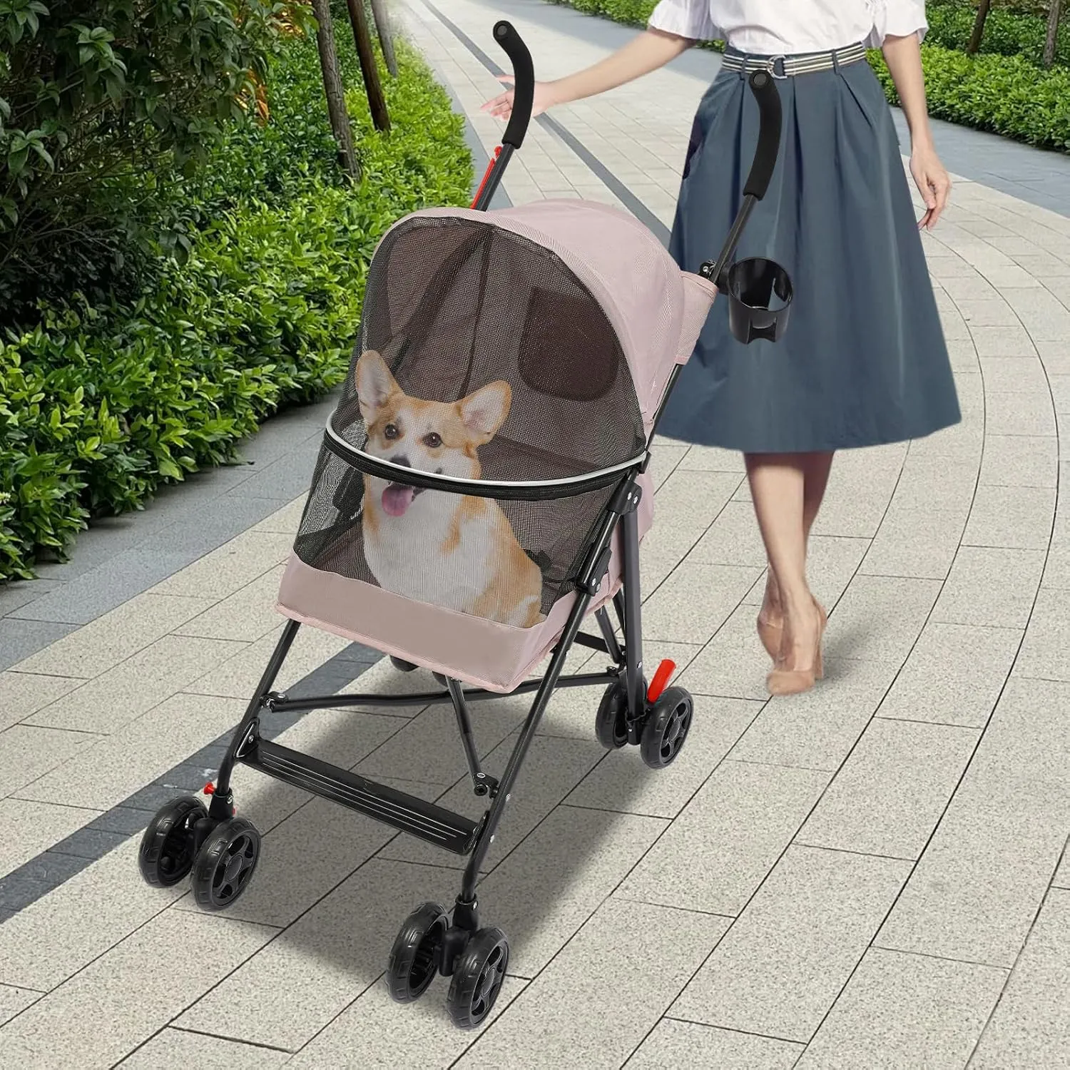 Pet Travel Stroller, Pet Stroller with 4 Wheels, Foldable Pet Travel Carrier, Large Wheels for Small & Medium-Sized Dogs Cats Up to 22 lbs, with Cup Holder & Rear Pocket, Easy Fold (Pink)