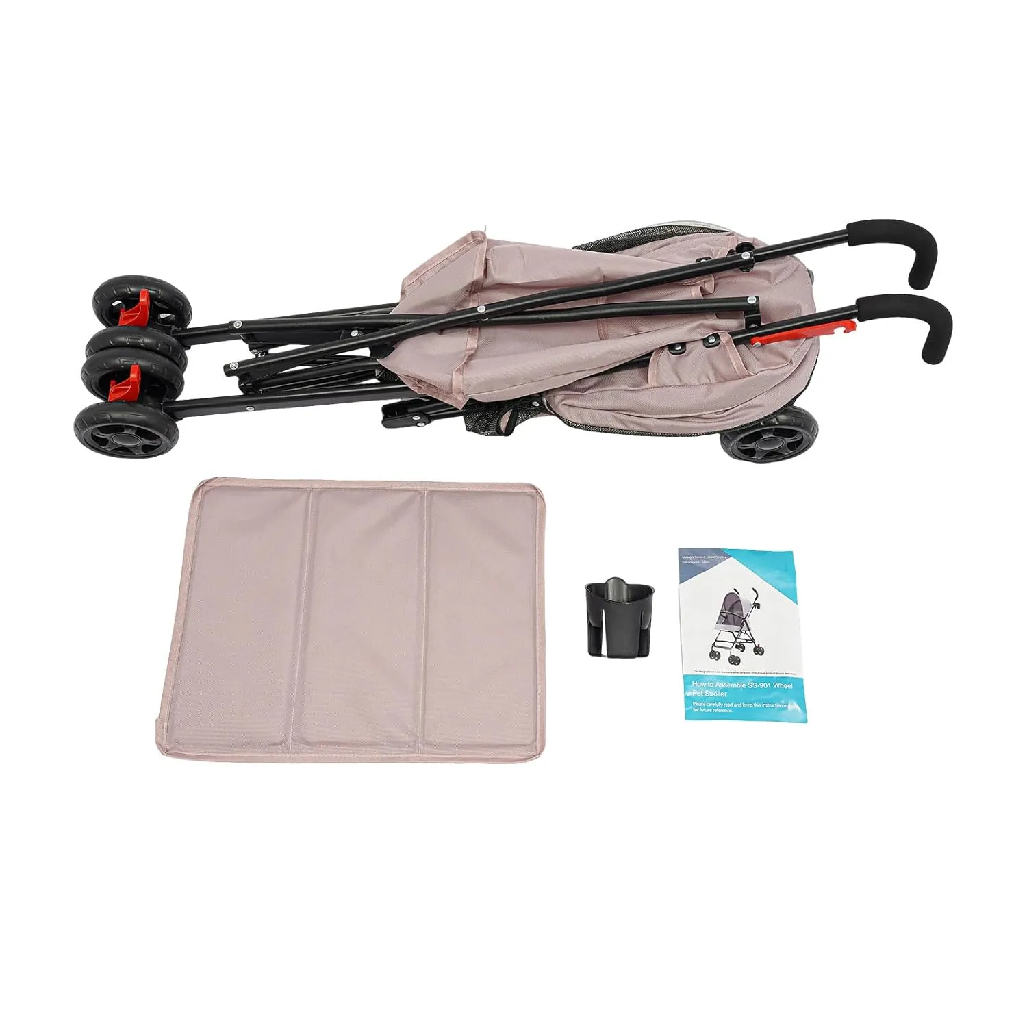 Pet Travel Stroller, Pet Stroller with 4 Wheels, Foldable Pet Travel Carrier, Large Wheels for Small & Medium-Sized Dogs Cats Up to 22 lbs, with Cup Holder & Rear Pocket, Easy Fold (Pink)