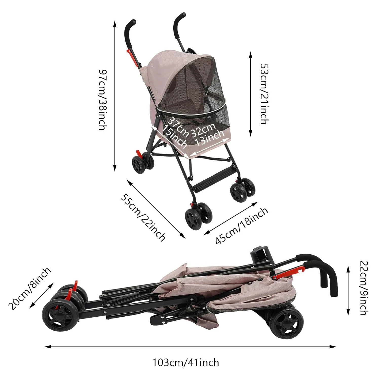 Pet Travel Stroller, Pet Stroller with 4 Wheels, Foldable Pet Travel Carrier, Large Wheels for Small & Medium-Sized Dogs Cats Up to 22 lbs, with Cup Holder & Rear Pocket, Easy Fold (Pink)