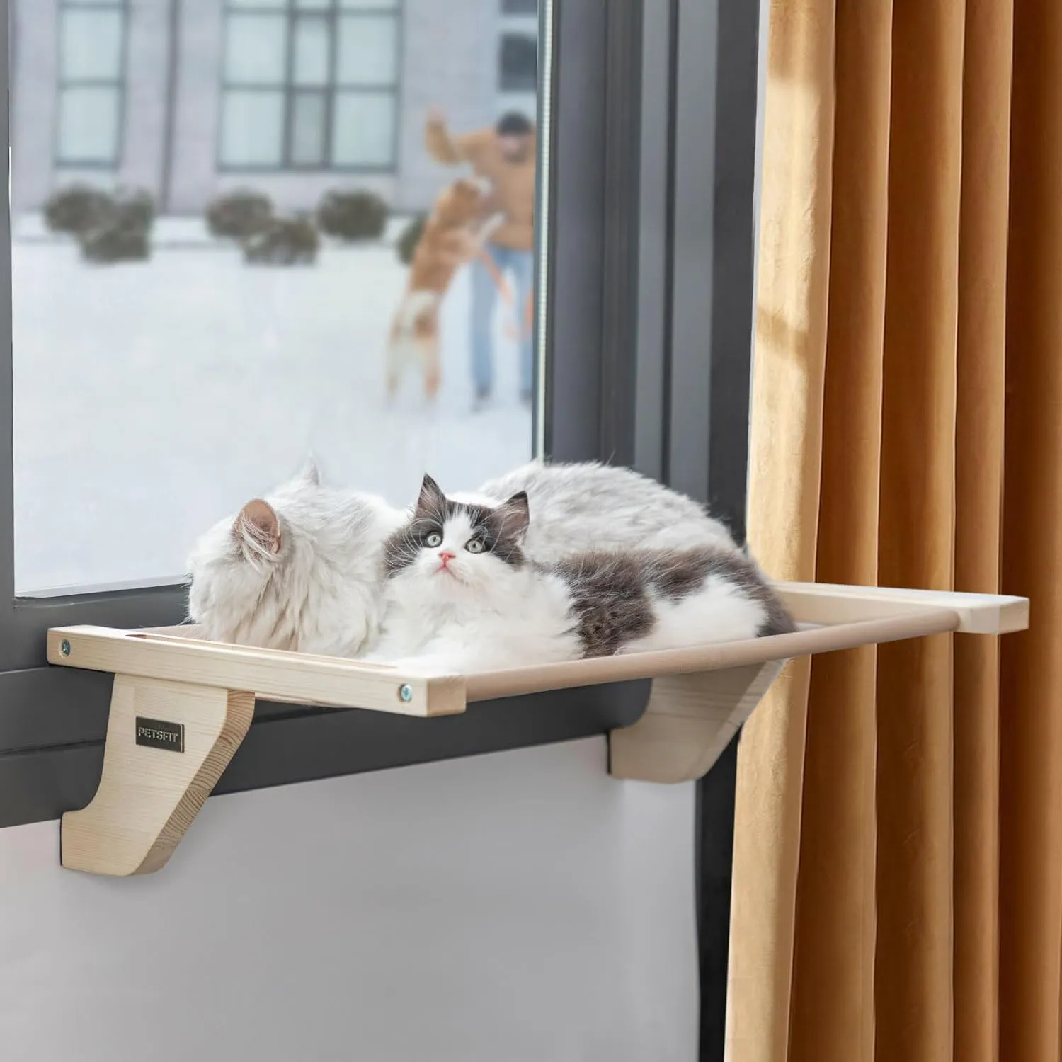 PETSFIT Cat Window Perches Natural Solid Wood With Removable Fleece Mat