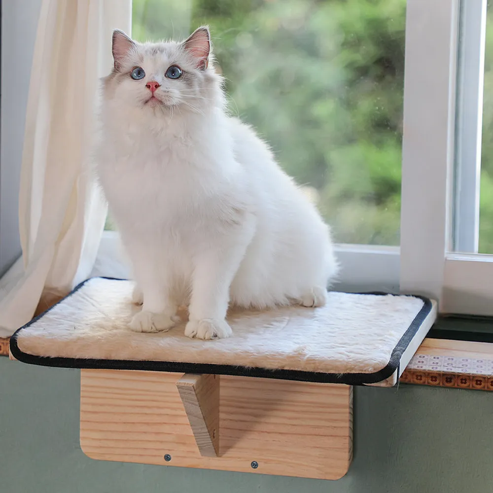 PETSFIT Cat Window Perches Natural Solid Wood With Removable Fleece Mat