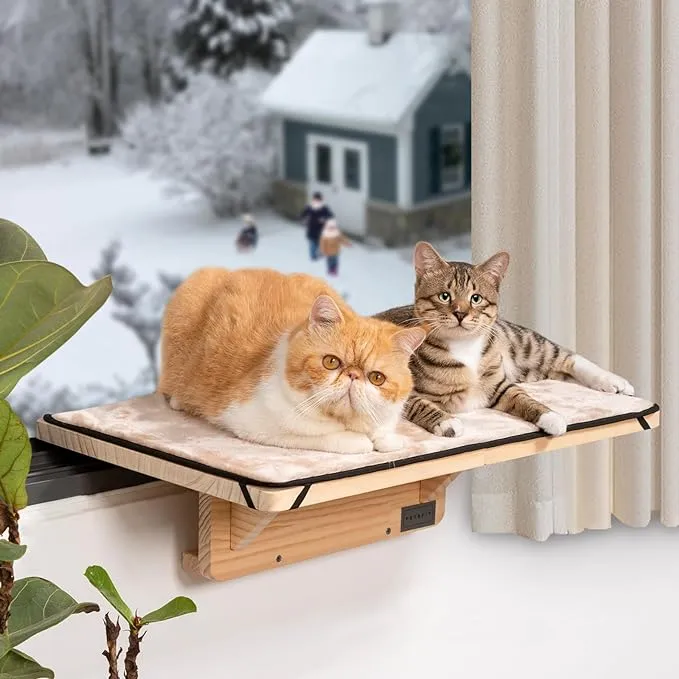 PETSFIT Cat Window Perches Natural Solid Wood With Removable Fleece Mat
