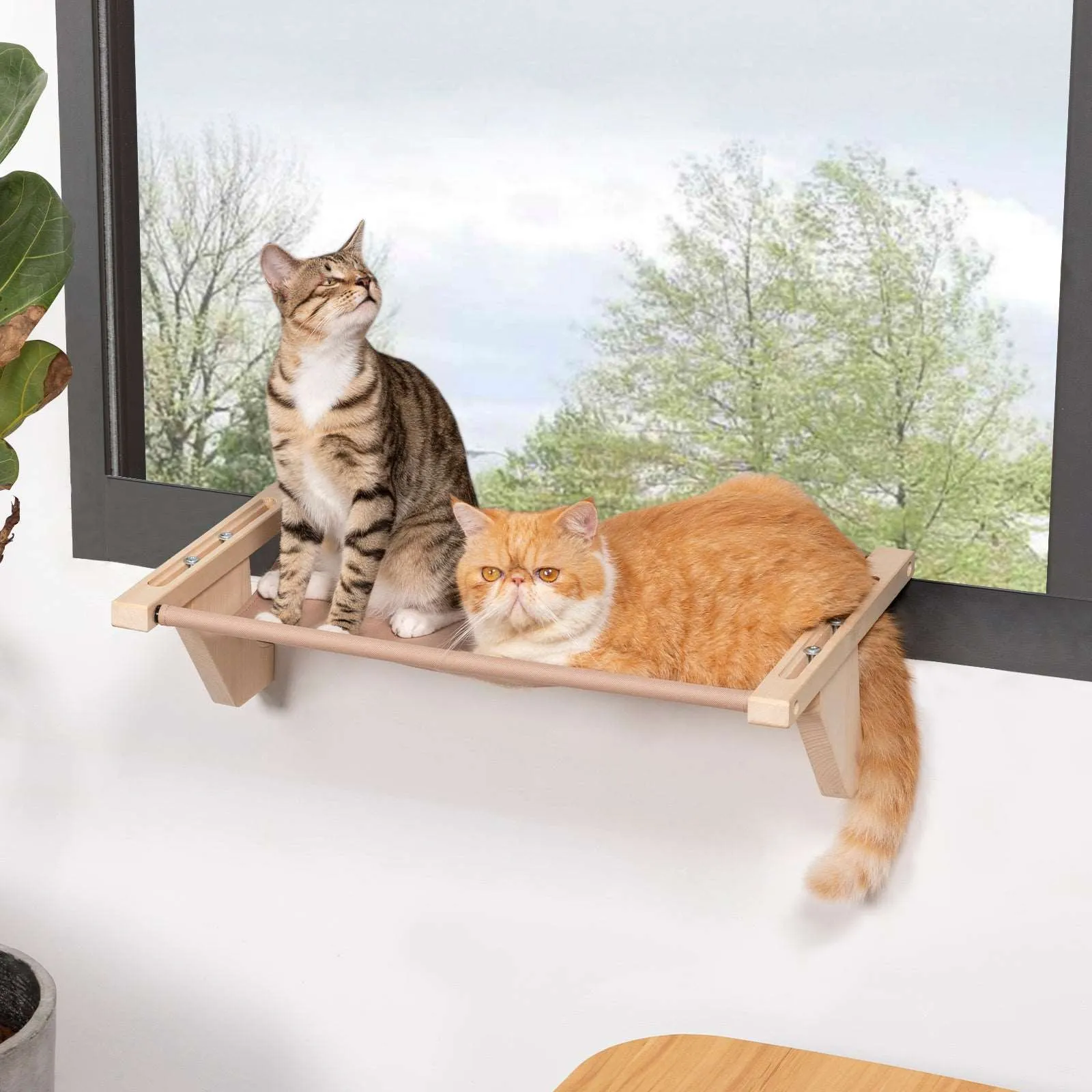 PETSFIT Cat Window Perches Natural Solid Wood With Removable Fleece Mat