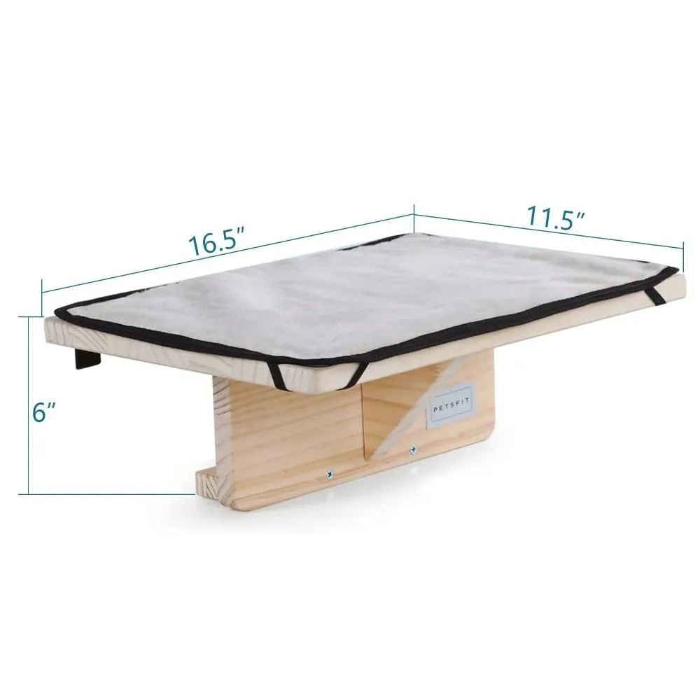 PETSFIT Cat Window Perches Natural Solid Wood With Removable Fleece Mat