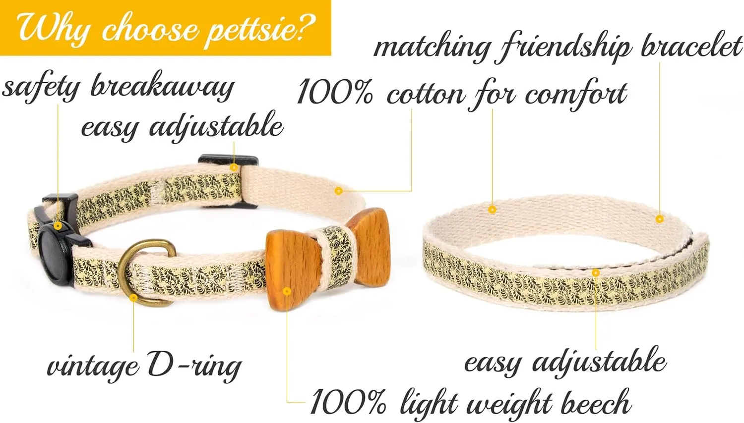 Pettsie Breakaway Cat Collar with Bow Tie and Matching BraceletAdjustable Cotton Kitten Collar with Safety Buckle for Cats and Small PetsCute Cat Gift for Owners and Cat Lovers, 8-11 Inches, Black