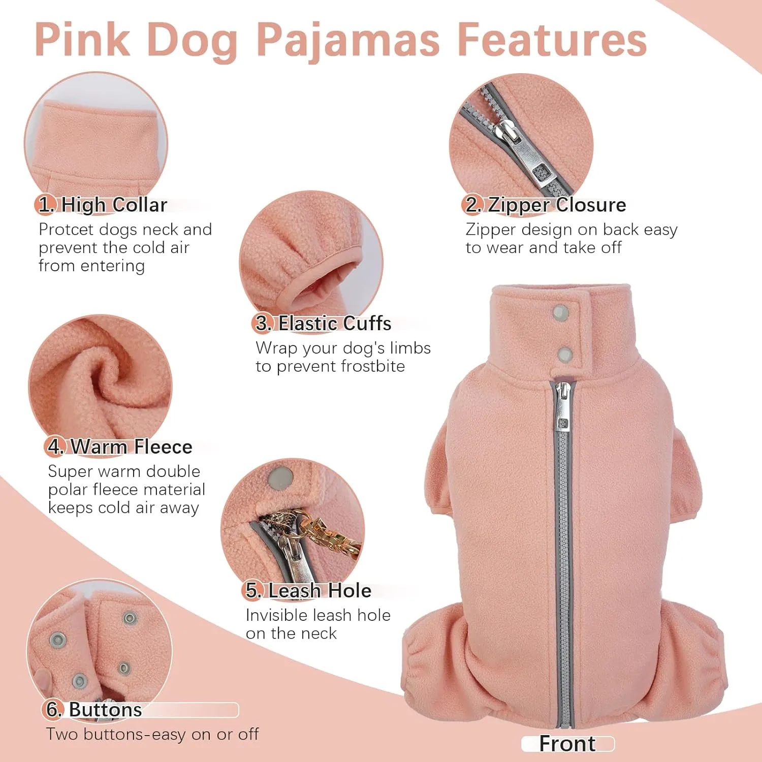 ROZKITCH Dog Winter Coat Soft Fleece Pajamas, Pet Windproof Reflective Cold Weather Warm Jacket Vest with Leash Hole Cozy Onesie Jumpsuit Apparel Outfit Clothes for Small Medium Large Dog Pink M