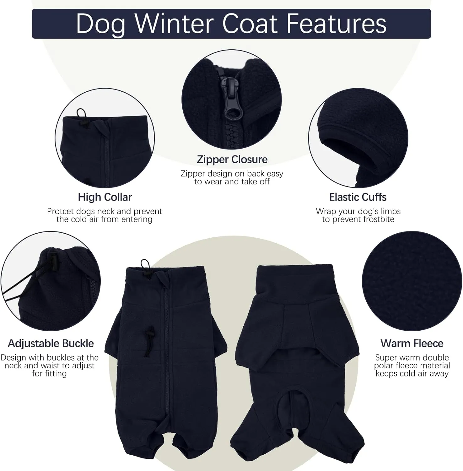 ROZKITCH Dog Winter Coat Soft Fleece Pullover Pajamas, Pet Windproof Warm Cold Weather Jacket Vest Cozy Jumpsuit Apparel Outfit Clothes for Small Medium Large Dog Walking Hiking Sleep Blue M