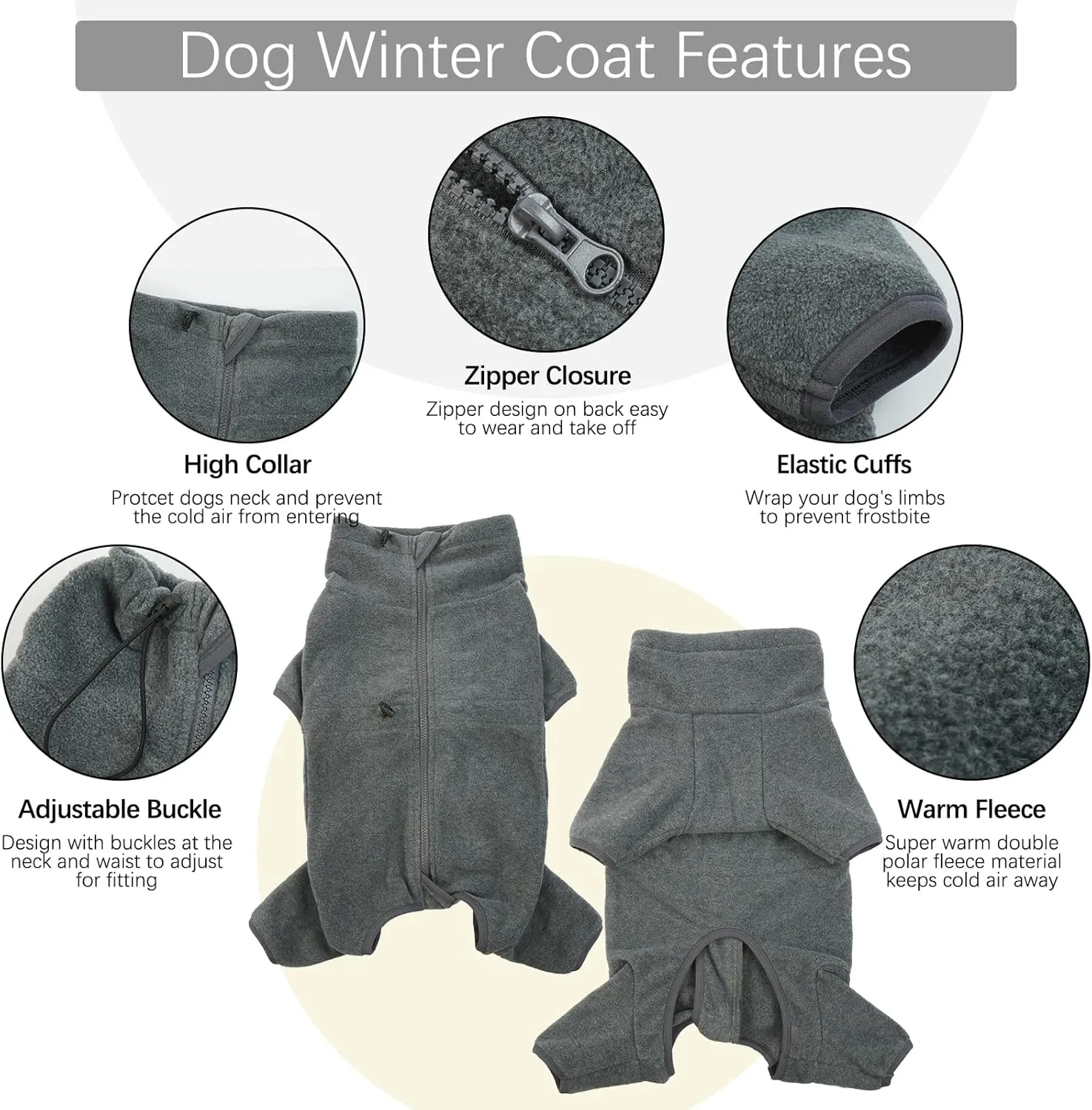 ROZKITCH Dog Winter Coat Soft Fleece Pullover Pajamas, Pet Windproof Warm Cold Weather Jacket Vest Cozy Jumpsuit Apparel Outfit Clothes for Small Medium Large Dog Walking Hiking Sleep Grey M