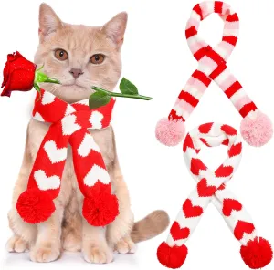 Saintrygo 3 Pieces Valentines Day Dog Scarf Valentine Heart Cat Pet Scarf for Cat Dog Winter Striped Red Knit with Pompom Ball Warm Pet Apparel Costume Accessories, 3 Styles(Medium)