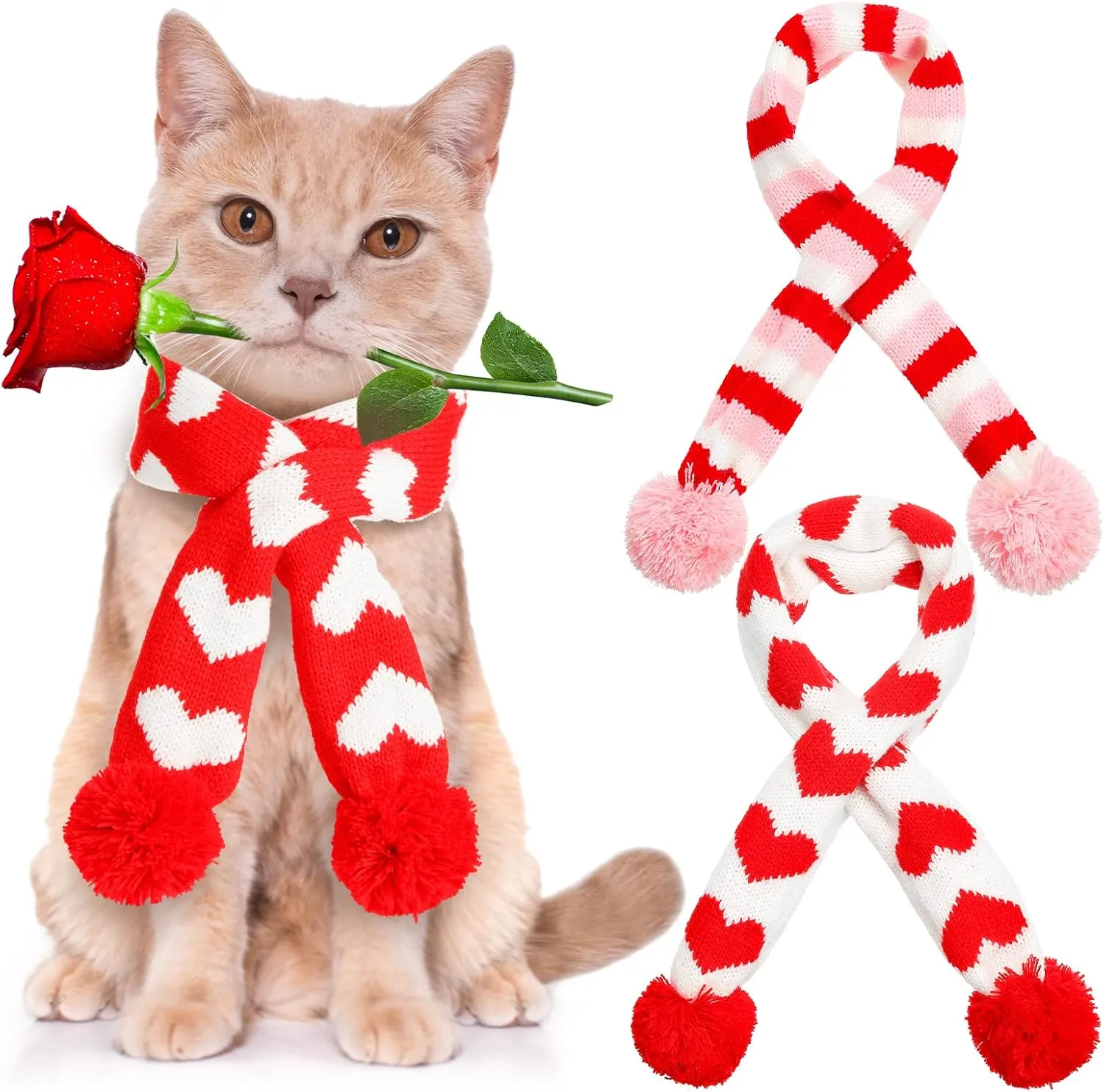 Saintrygo 3 Pieces Valentines Day Dog Scarf Valentine Heart Cat Pet Scarf for Cat Dog Winter Striped Red Knit with Pompom Ball Warm Pet Apparel Costume Accessories, 3 Styles(Medium)