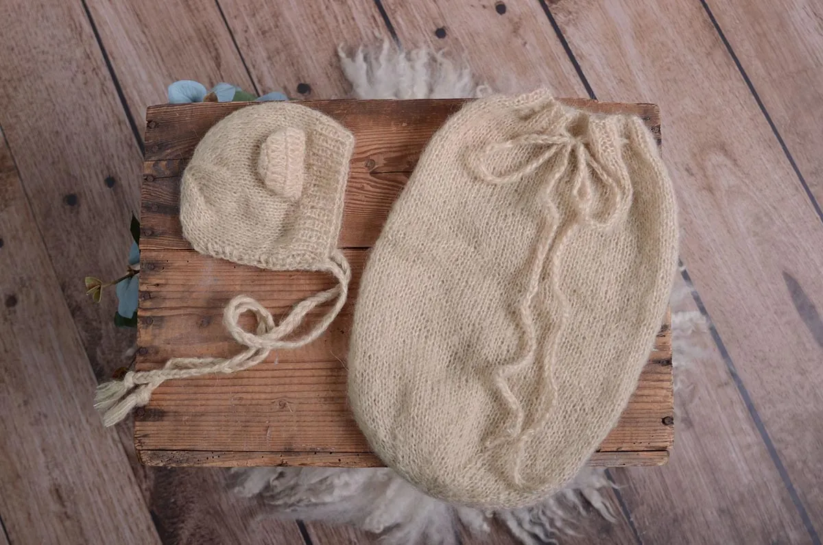 SET Mohair Bear Bonnet and Sack - Beige