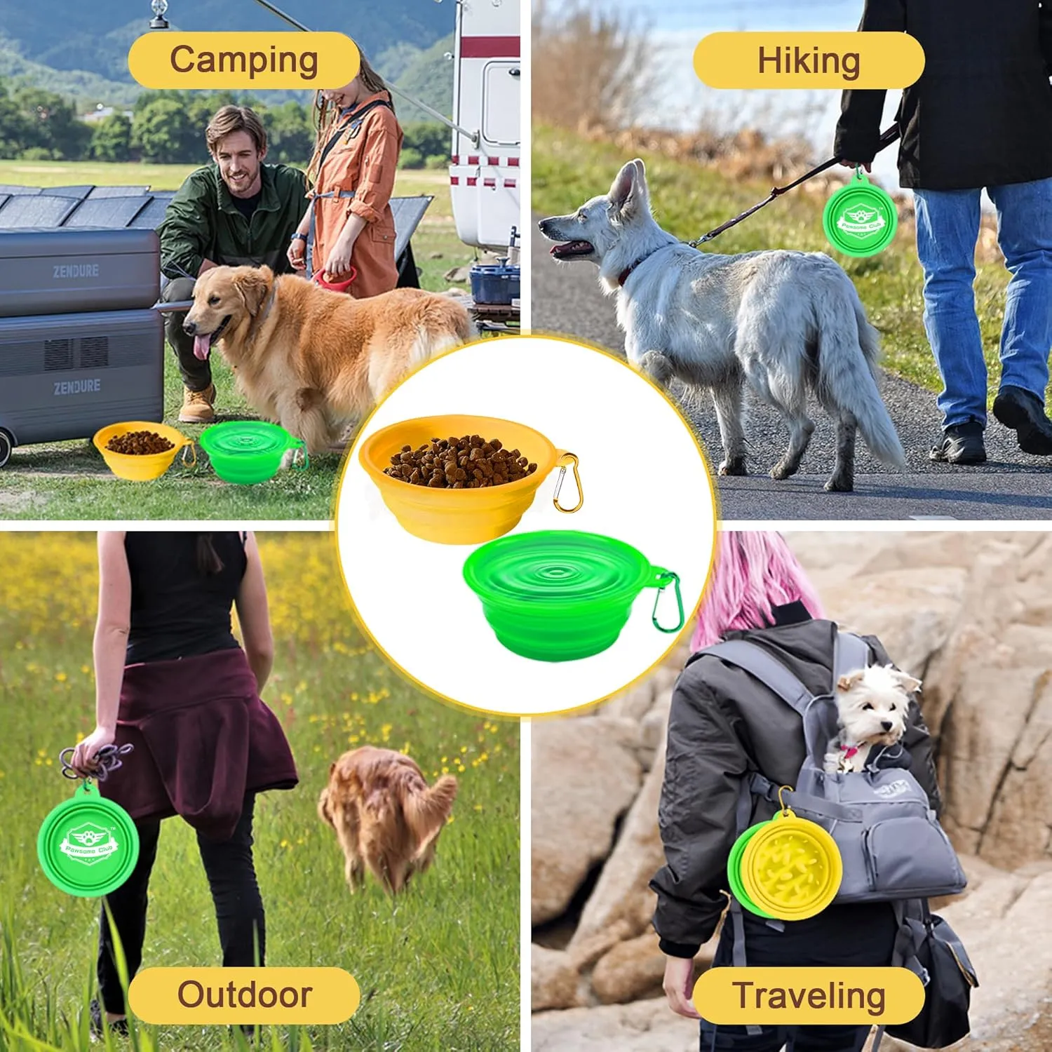 Small Collapsible Dog Bowls (12oz), 2 Pack 2 Colors Pet Travel Foldable Bowl and Slow Feeding Frisbee with Carabiners, Healthy, Soft Silicone, Portable Essential Set for Walking, Travel, and Hiking