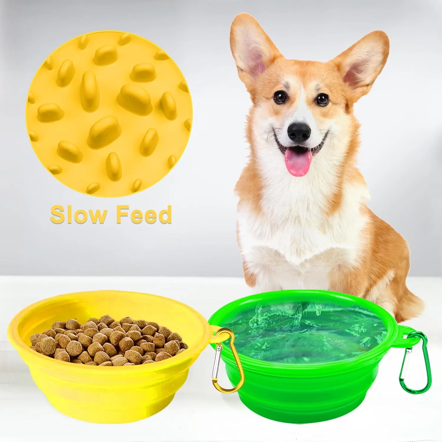 Small Collapsible Dog Bowls (12oz), 2 Pack 2 Colors Pet Travel Foldable Bowl and Slow Feeding Frisbee with Carabiners, Healthy, Soft Silicone, Portable Essential Set for Walking, Travel, and Hiking