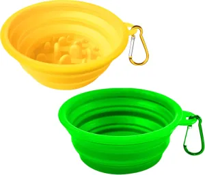 Small Collapsible Dog Bowls (12oz), 2 Pack 2 Colors Pet Travel Foldable Bowl and Slow Feeding Frisbee with Carabiners, Healthy, Soft Silicone, Portable Essential Set for Walking, Travel, and Hiking