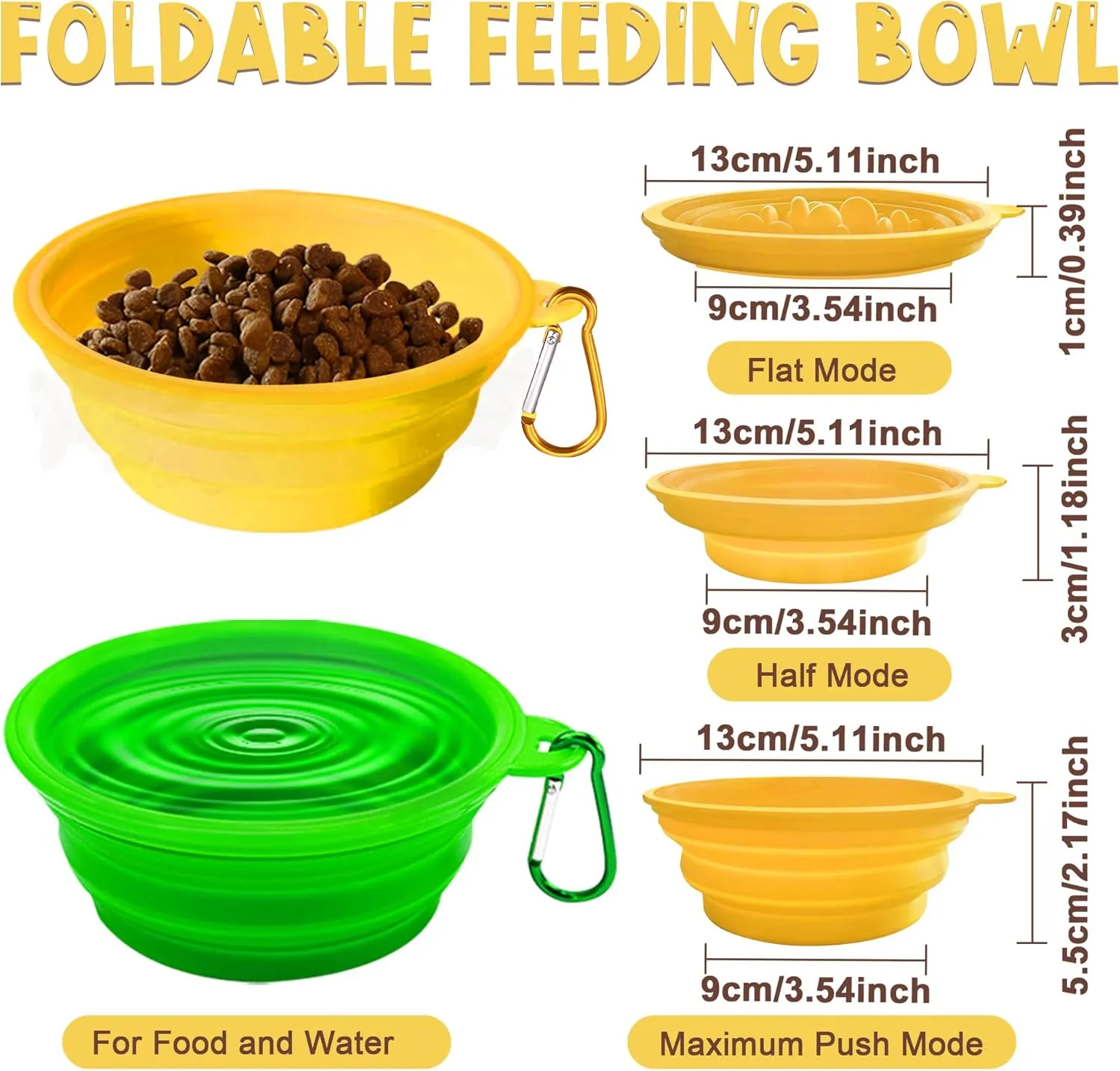 Small Collapsible Dog Bowls (12oz), 2 Pack 2 Colors Pet Travel Foldable Bowl and Slow Feeding Frisbee with Carabiners, Healthy, Soft Silicone, Portable Essential Set for Walking, Travel, and Hiking