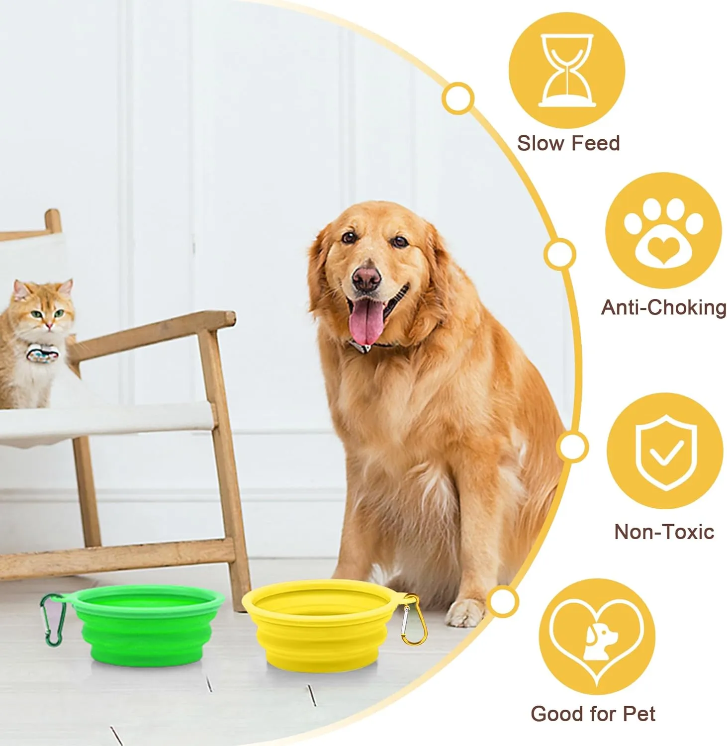 Small Collapsible Dog Bowls (12oz), 2 Pack 2 Colors Pet Travel Foldable Bowl and Slow Feeding Frisbee with Carabiners, Healthy, Soft Silicone, Portable Essential Set for Walking, Travel, and Hiking