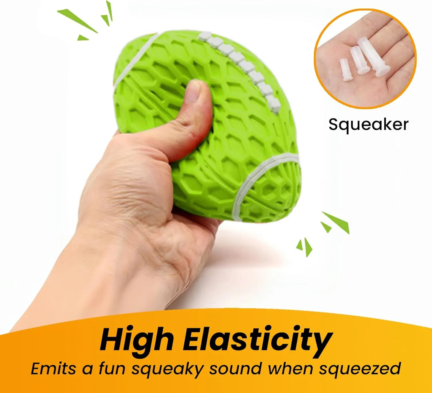 Squeaky Dog Football Toy, Rubber Dog Ball Toy for Aggressive Chewers, Tough Fetch Ball, Durable and Interactive for Medium Large Dogs, Green, Large