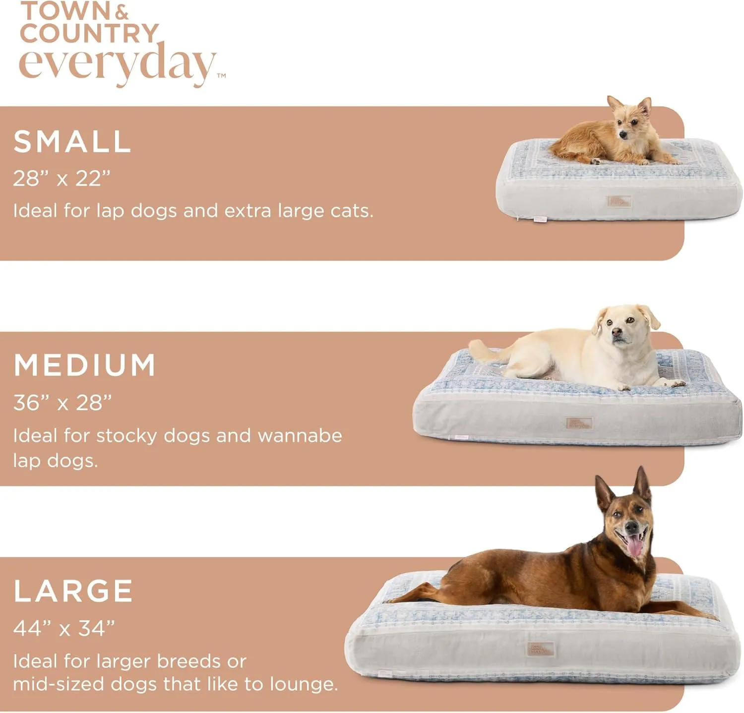 TOWN & COUNTRY EVERYDAY CuddleTown Medallion Everwash Pillow Pet Bed, Water Repellent Floor Pillow, Machine Washable Cover, Soft & Calming, Blue/Greige, Medium 36"x28"x4"