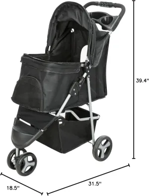 TRIXIE Foldable Pet Stroller for Cats and Dogs, Pet Carrier Strolling Cart with Weather Cover, Storage Basket, Cup Holder, Black