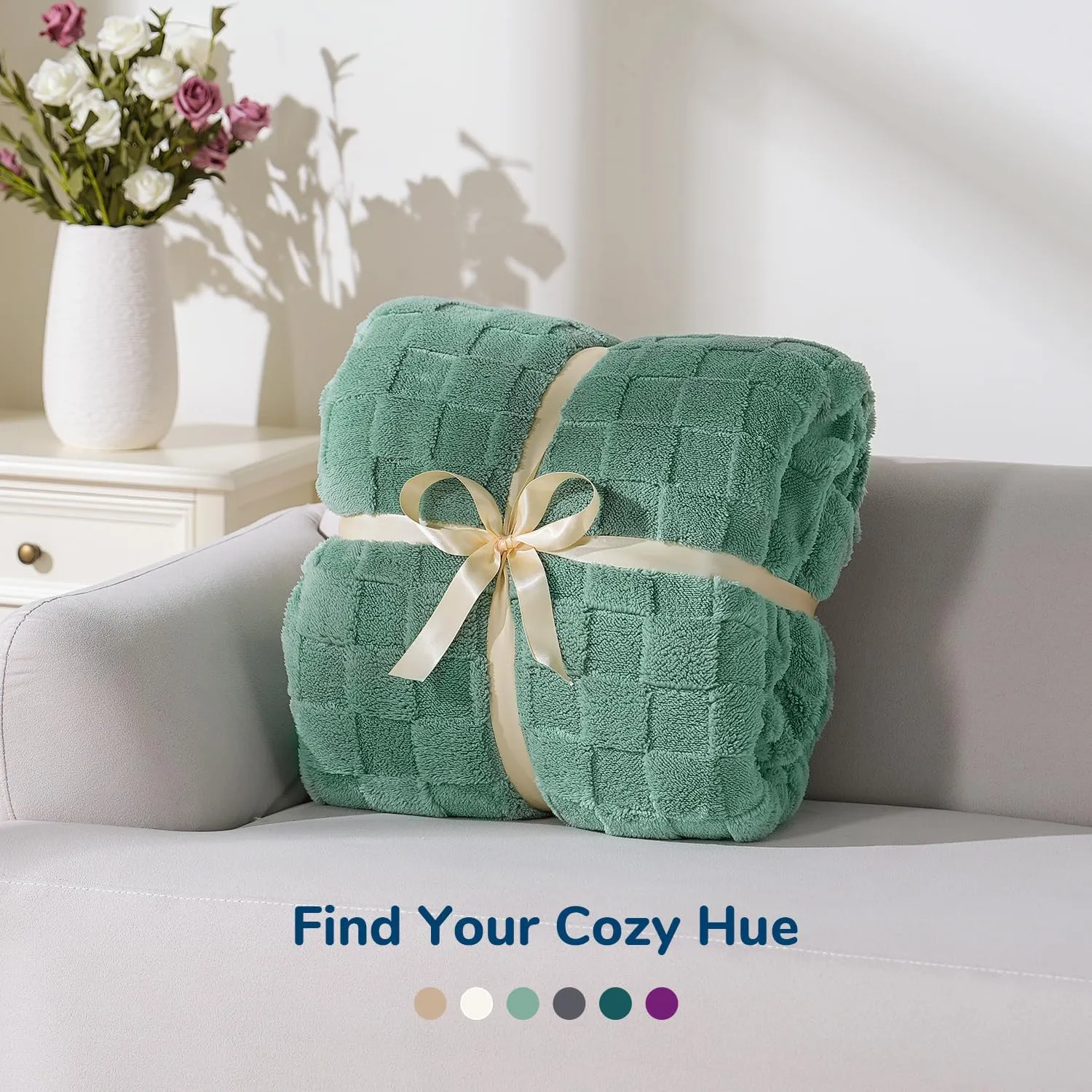 Ultra Soft Throw Blanket for Couch and Bed, Cozy Sherpa Fleece Thick Warm Throw Blanket for Winter, Decorative 3D Checkered Blanket for Camping, Sage Green 50x60 Inches