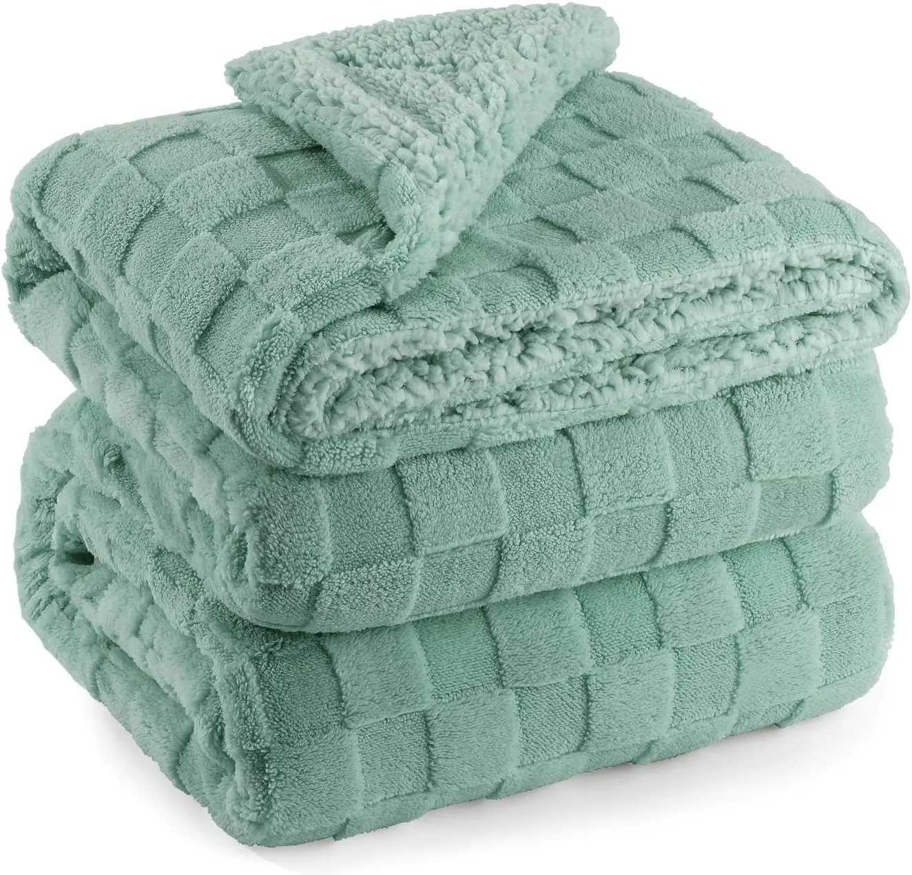 Ultra Soft Throw Blanket for Couch and Bed, Cozy Sherpa Fleece Thick Warm Throw Blanket for Winter, Decorative 3D Checkered Blanket for Camping, Sage Green 50x60 Inches